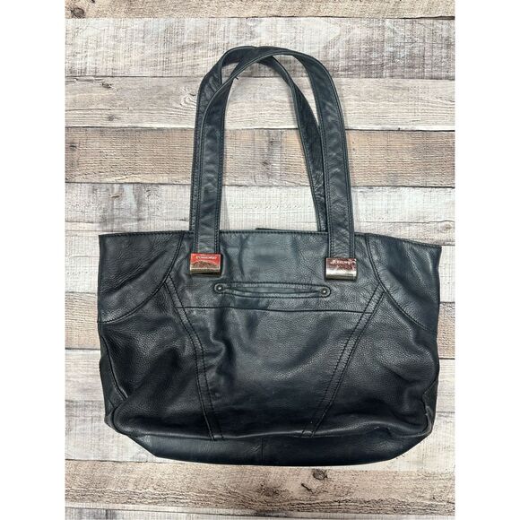 Vintage y2k B Makowsky Black Genuine Leather Embossed Floral Detail Tote Handbag - Picture 2 of 12